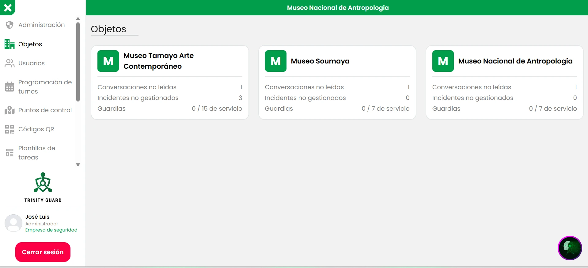 Panel de control del administrador en Trinity Guard