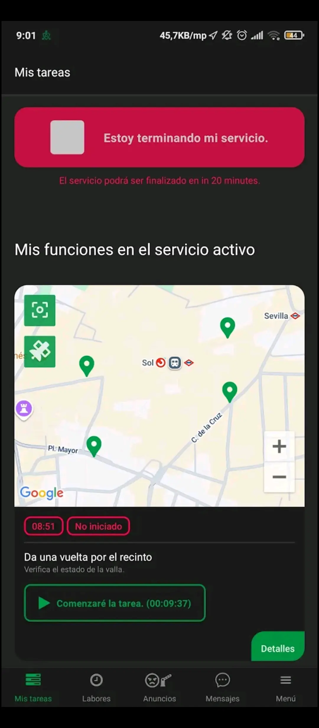 Finalizar servicio y gestión de tareas activas | App móvil de seguridad Trinity Guard