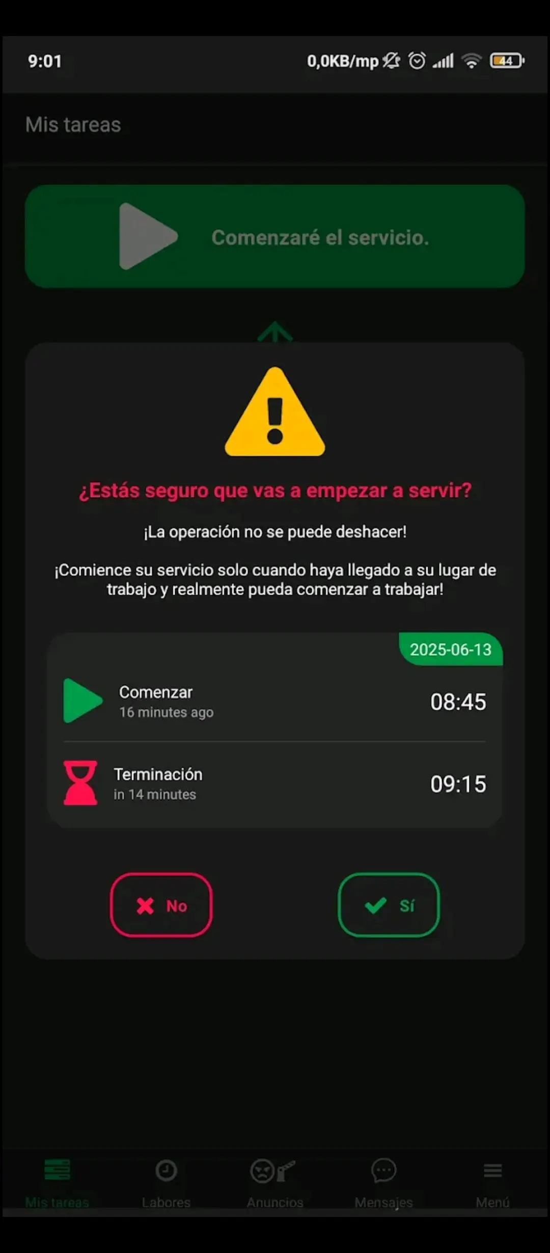 Confirmar inicio de turno para guardias | Aplicación móvil Trinity Guard