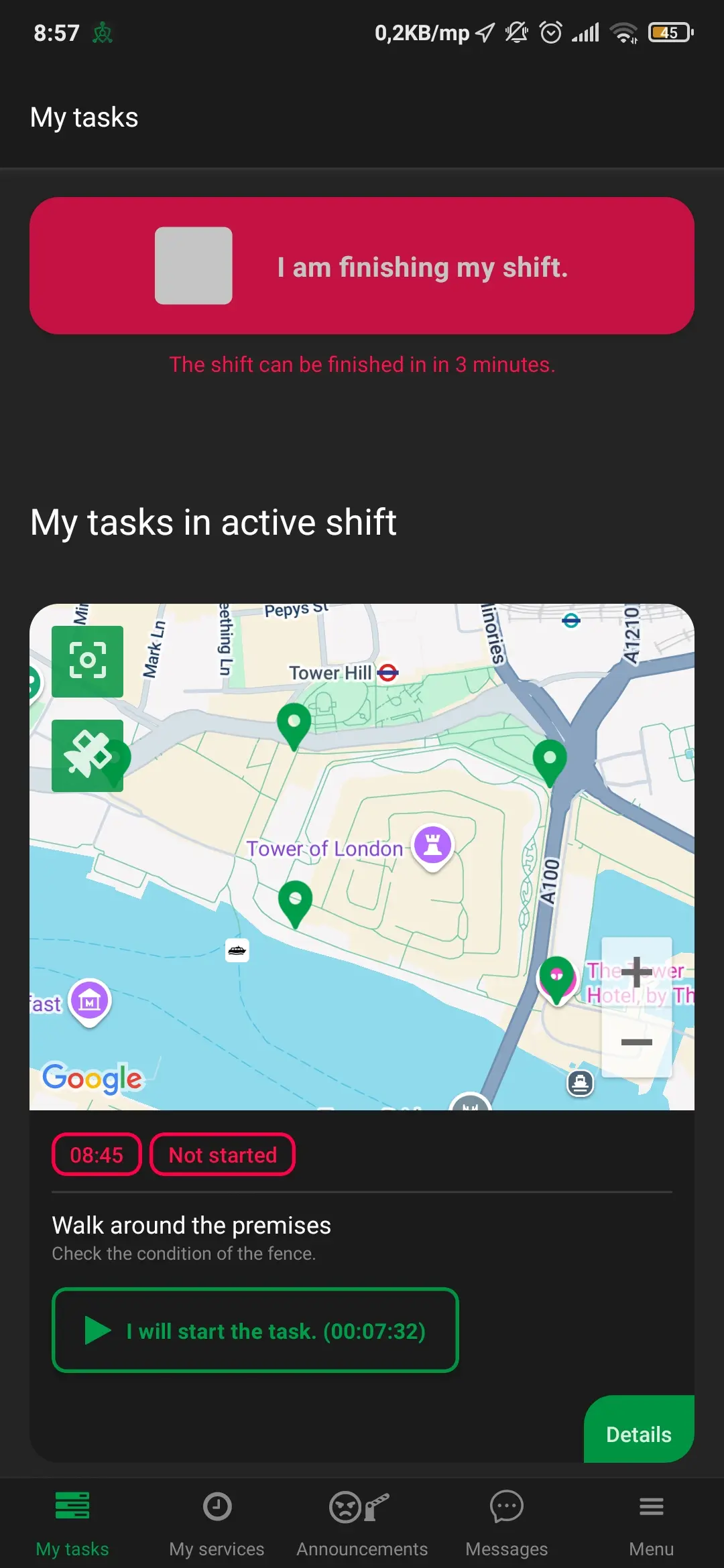 Shift Completion and Active Patrol Tasks | Trinity Guard Mobile Security App